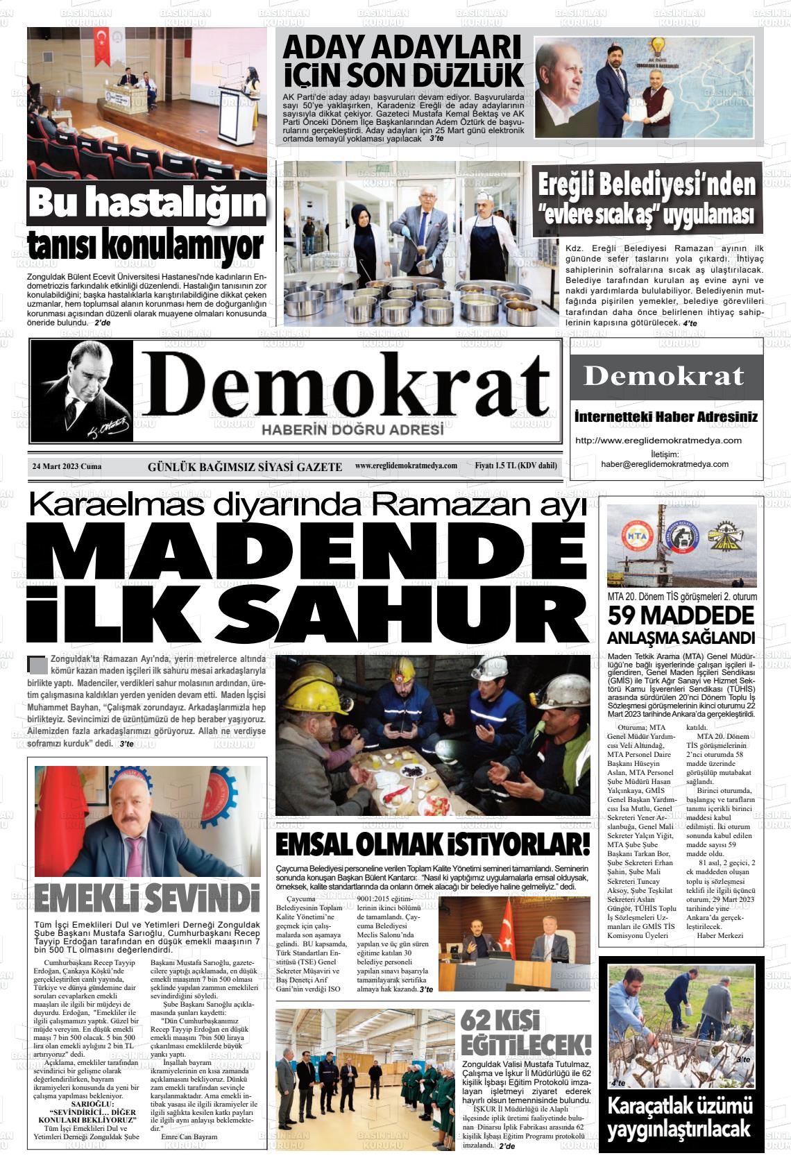 24 Mart 2023 Ereğli Demokrat Gazete Manşeti