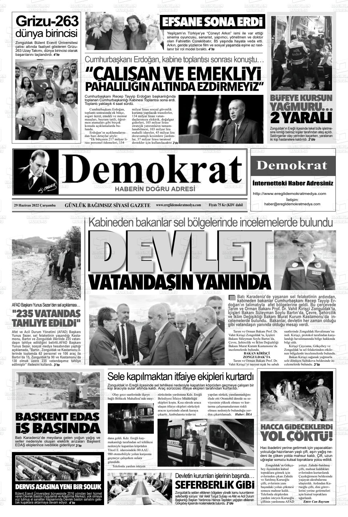 29 Haziran 2022 Ereğli Demokrat Gazete Manşeti