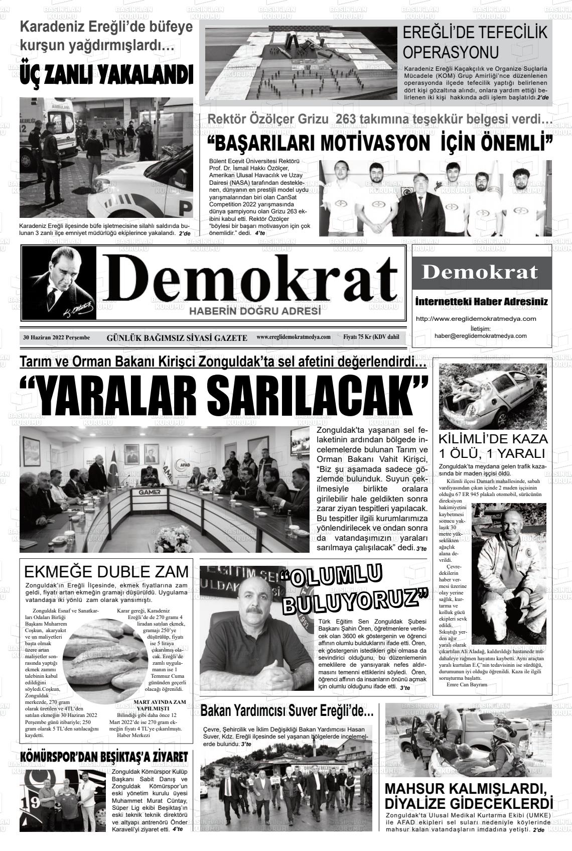 30 Haziran 2022 Ereğli Demokrat Gazete Manşeti