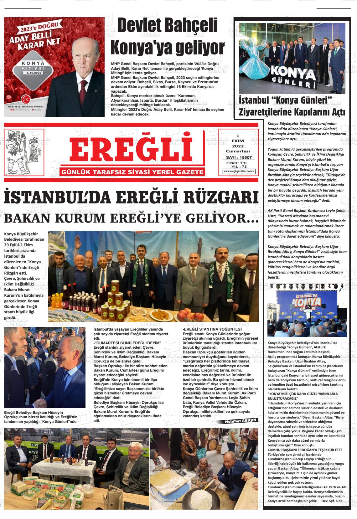 01 Ekim 2022 Ereğli Gazete Manşeti