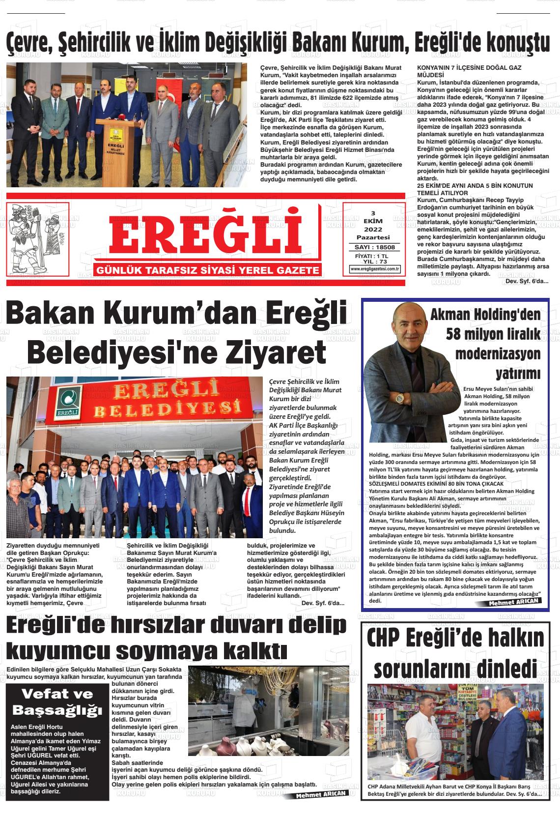 03 Ekim 2022 Ereğli Gazete Manşeti