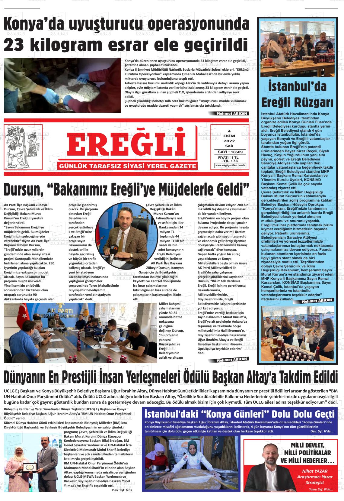 04 Ekim 2022 Ereğli Gazete Manşeti