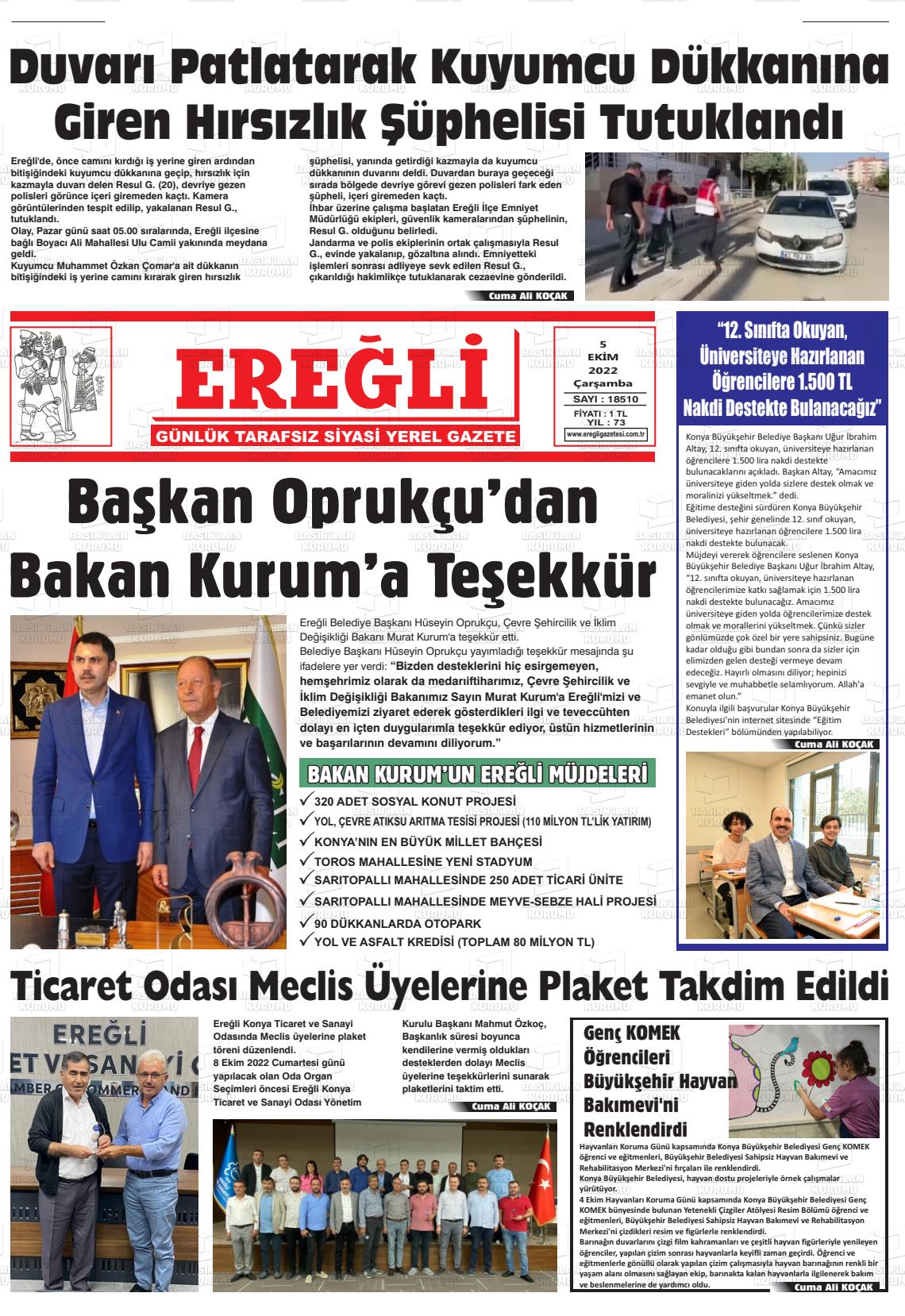 05 Ekim 2022 Ereğli Gazete Manşeti