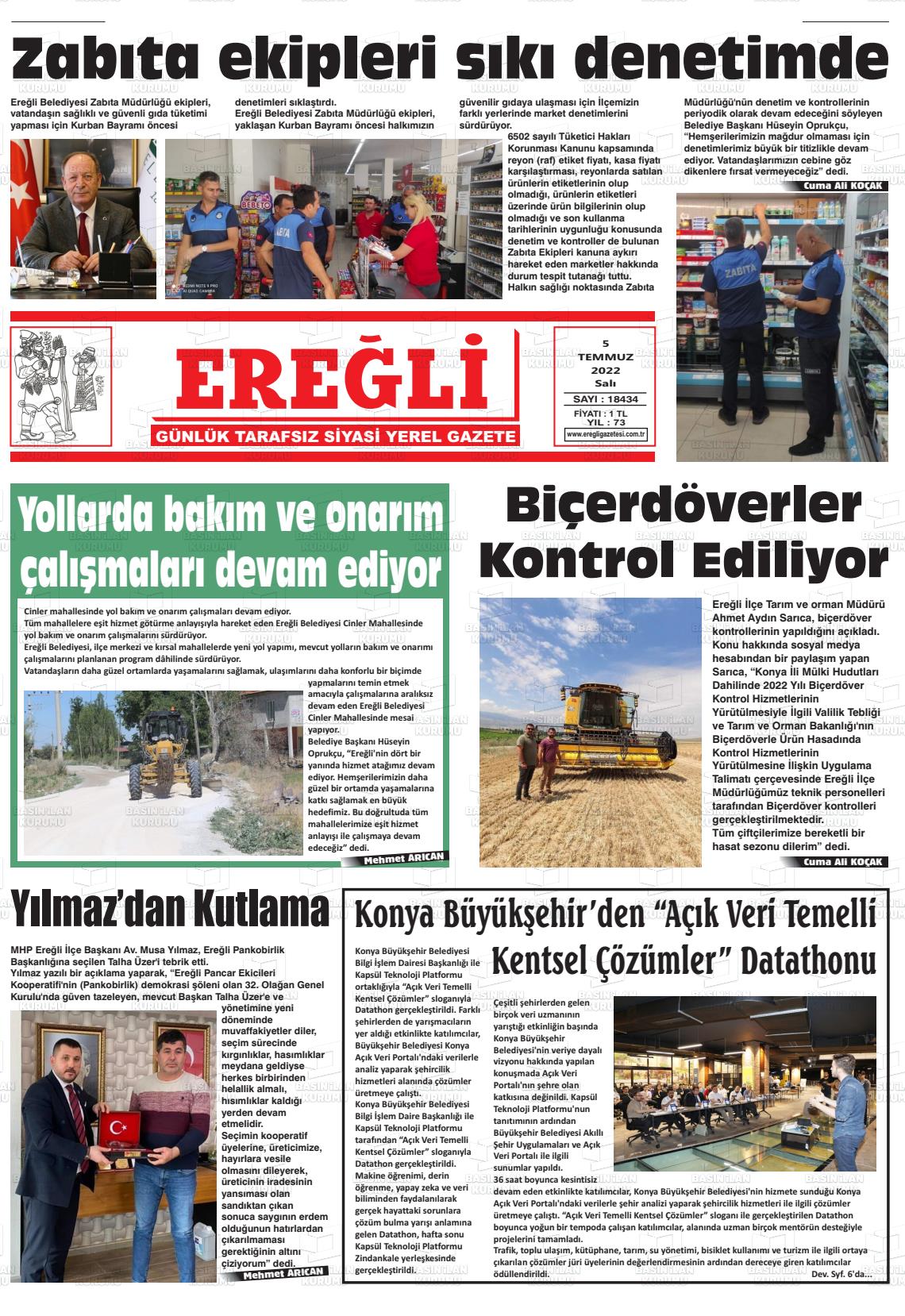 05 Temmuz 2022 Ereğli Gazete Manşeti