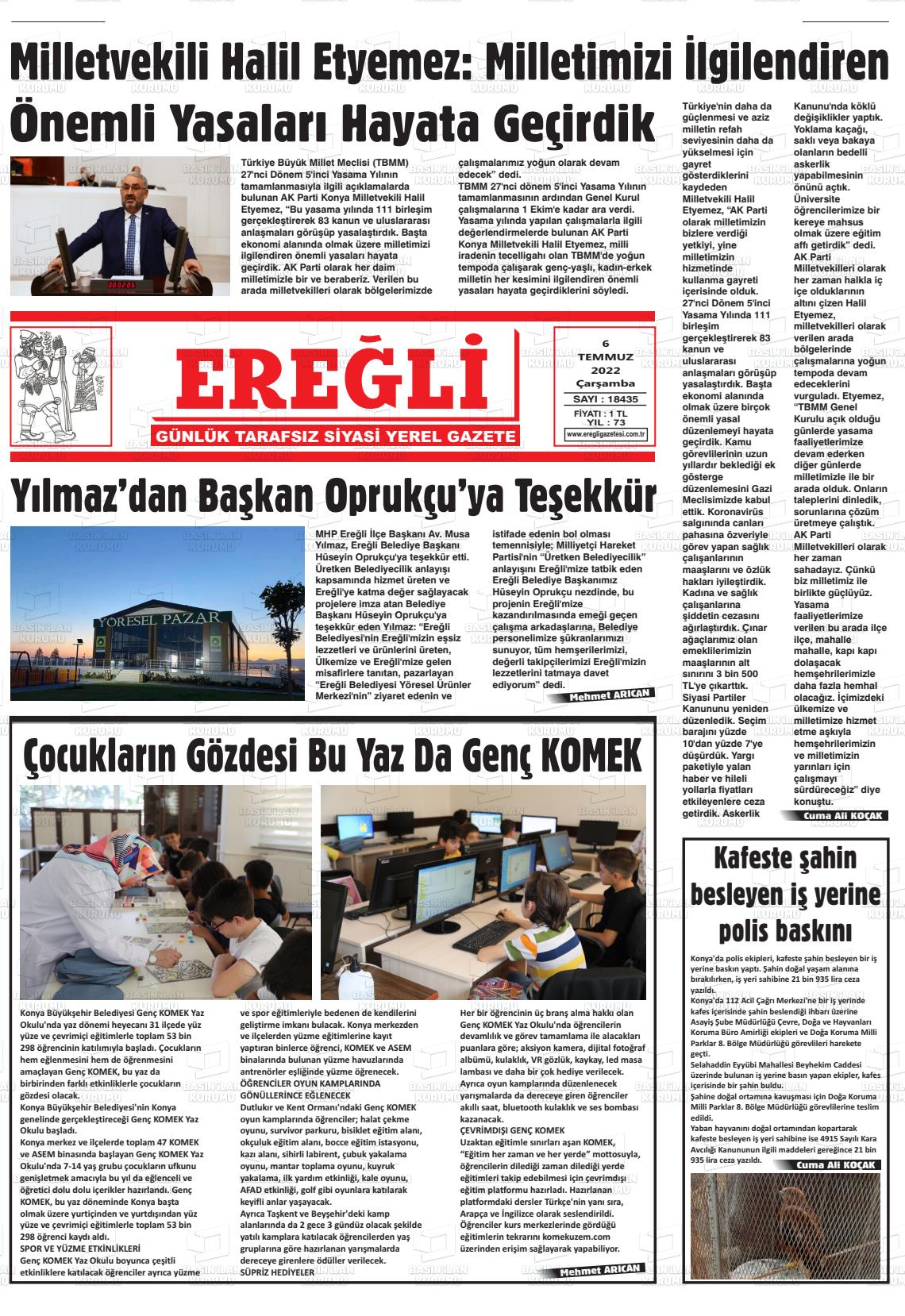 06 Temmuz 2022 Ereğli Gazete Manşeti