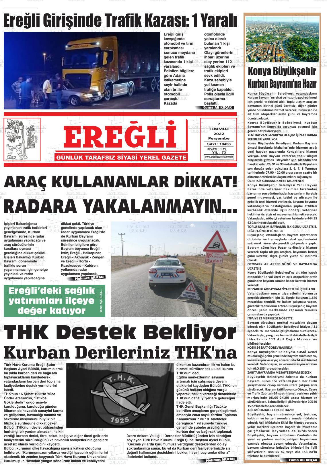 07 Temmuz 2022 Ereğli Gazete Manşeti