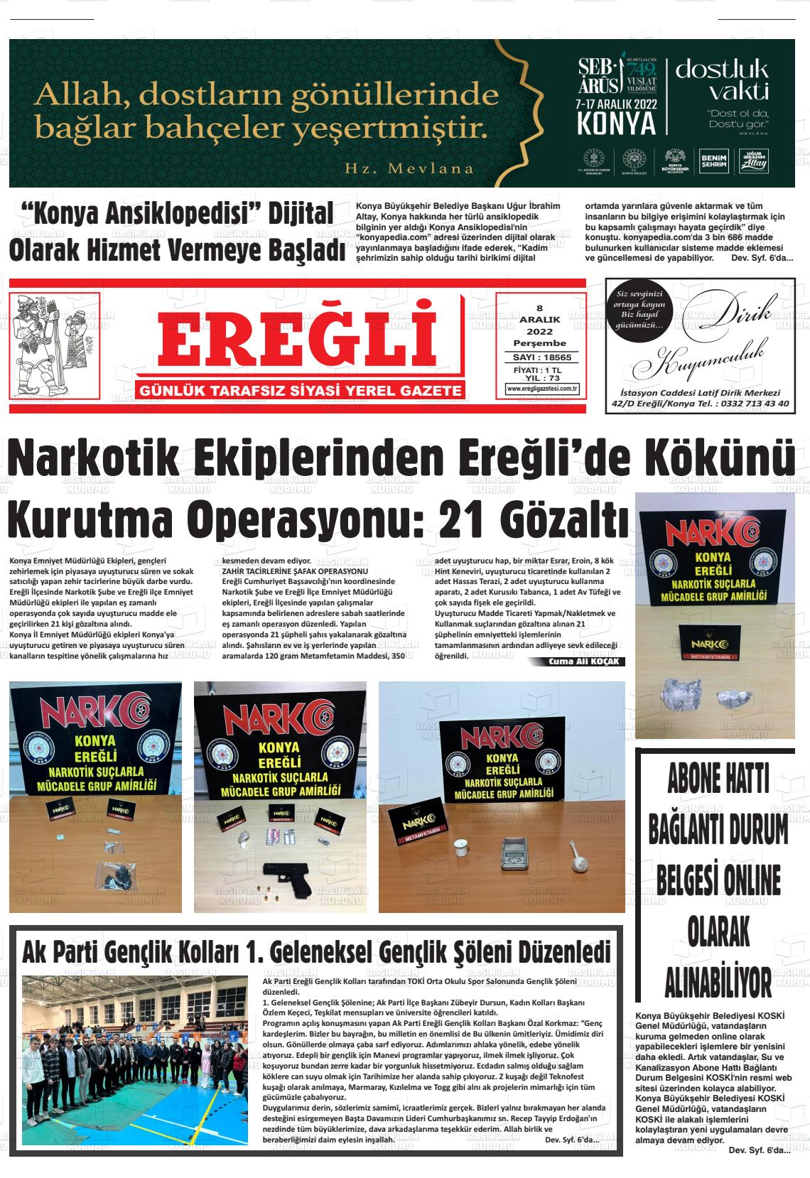 08 Aralık 2022 Ereğli Gazete Manşeti