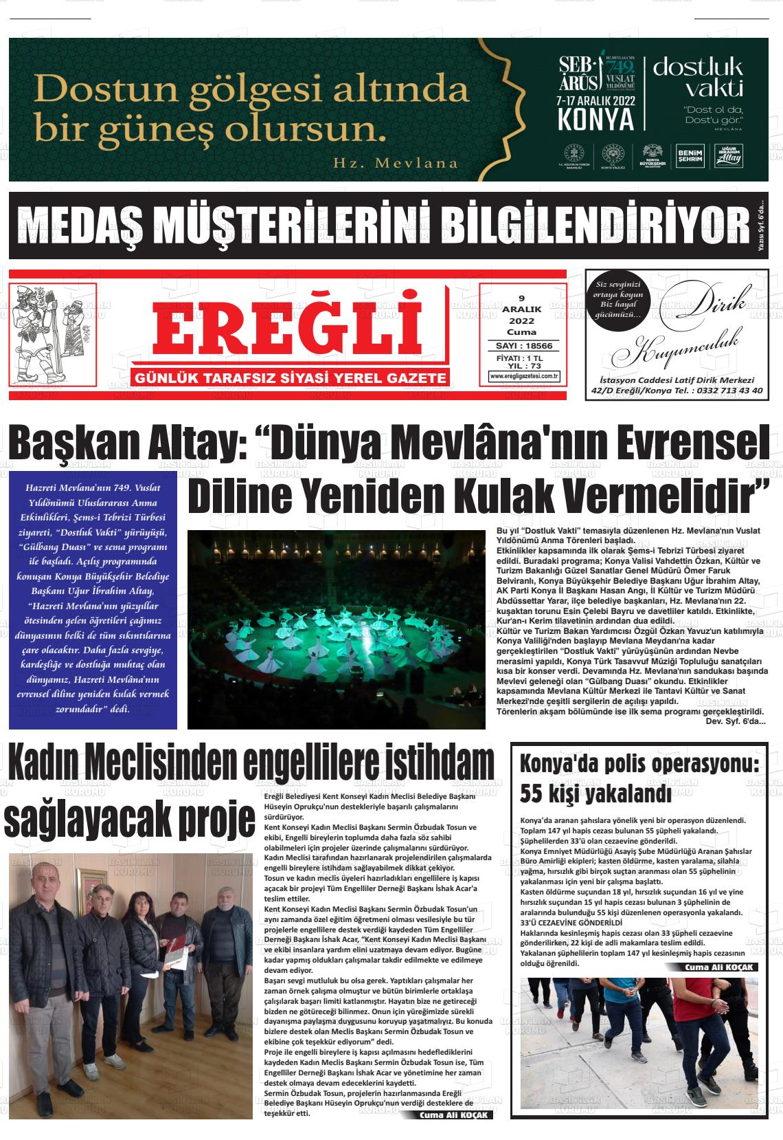 09 Aralık 2022 Ereğli Gazete Manşeti