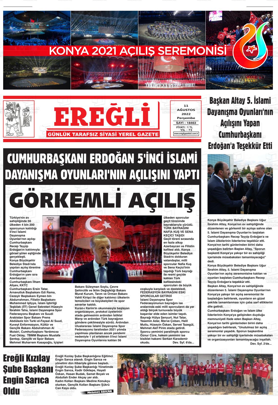 11 Ağustos 2022 Ereğli Gazete Manşeti