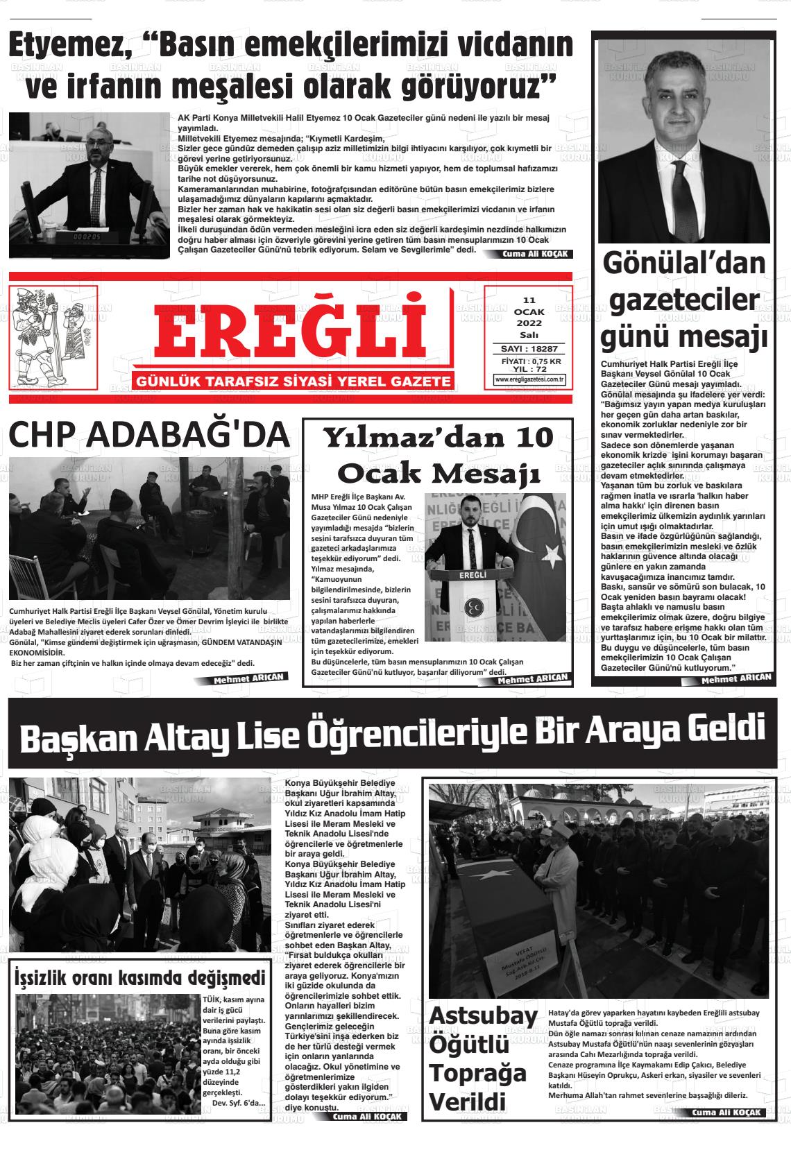 11 Ocak 2022 Ereğli Gazete Manşeti