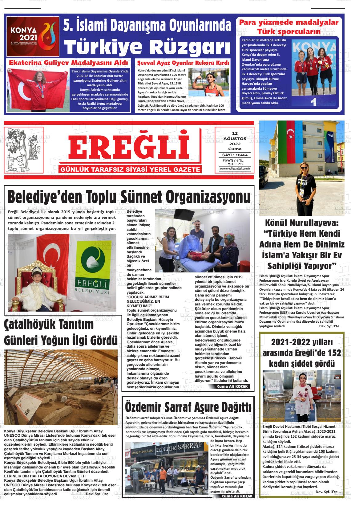 12 Ağustos 2022 Ereğli Gazete Manşeti