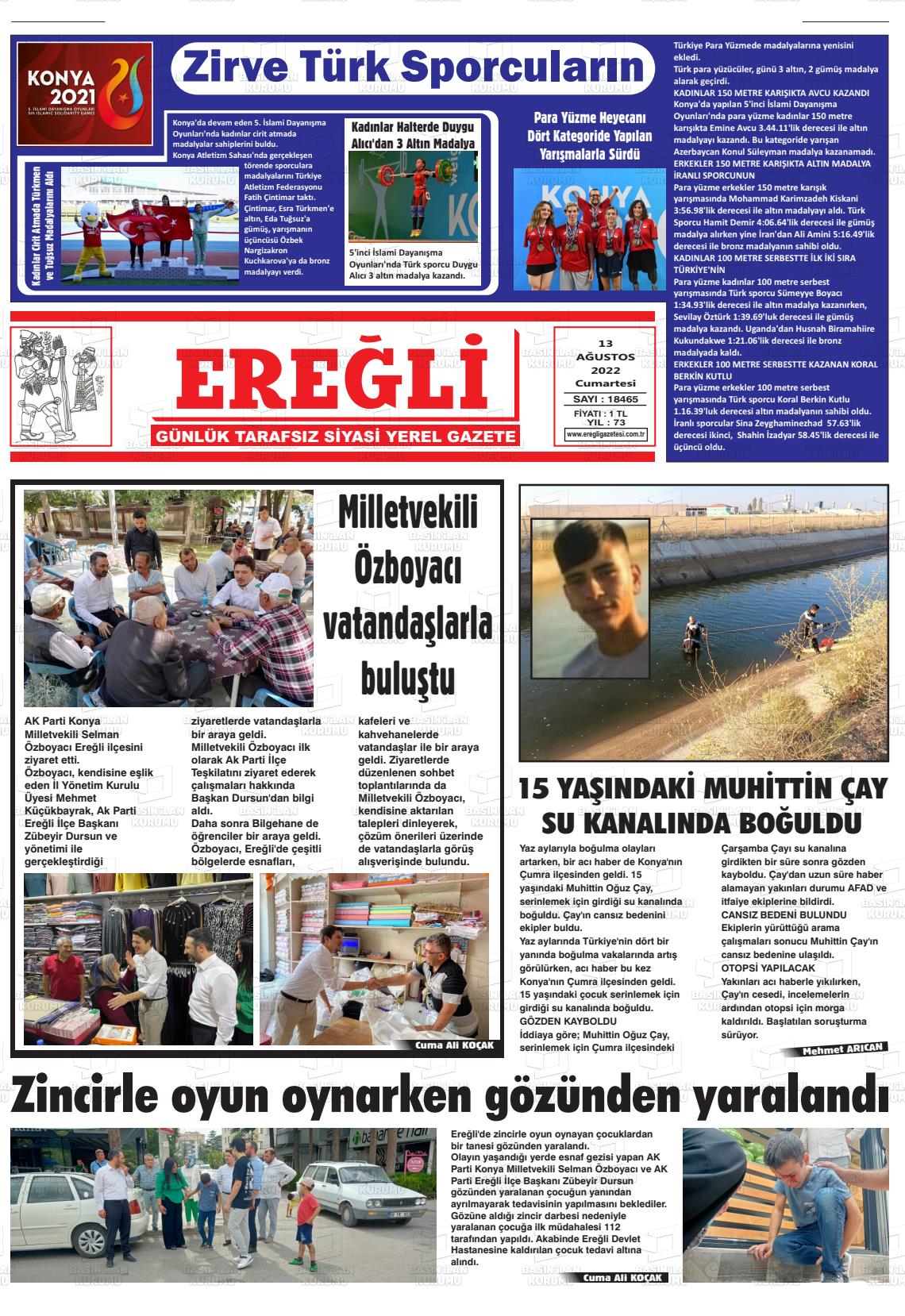 13 Ağustos 2022 Ereğli Gazete Manşeti