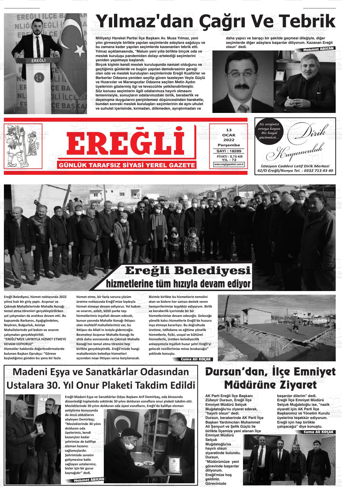 13 Ocak 2022 Ereğli Gazete Manşeti