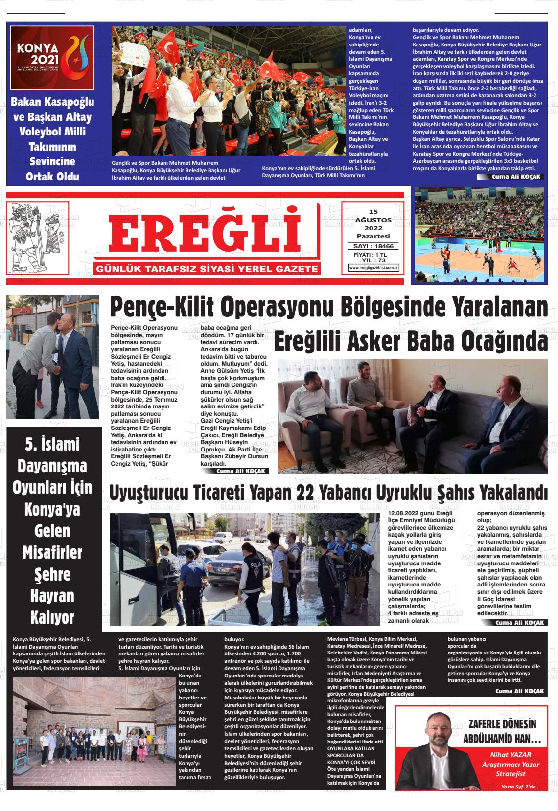 15 Ağustos 2022 Ereğli Gazete Manşeti