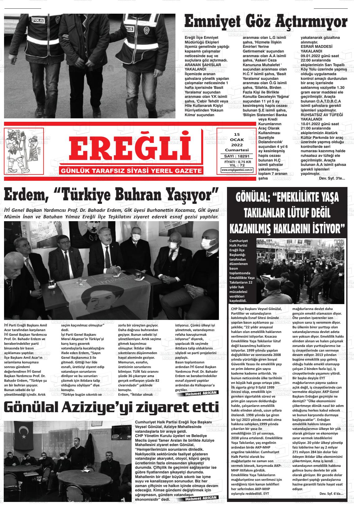 15 Ocak 2022 Ereğli Gazete Manşeti