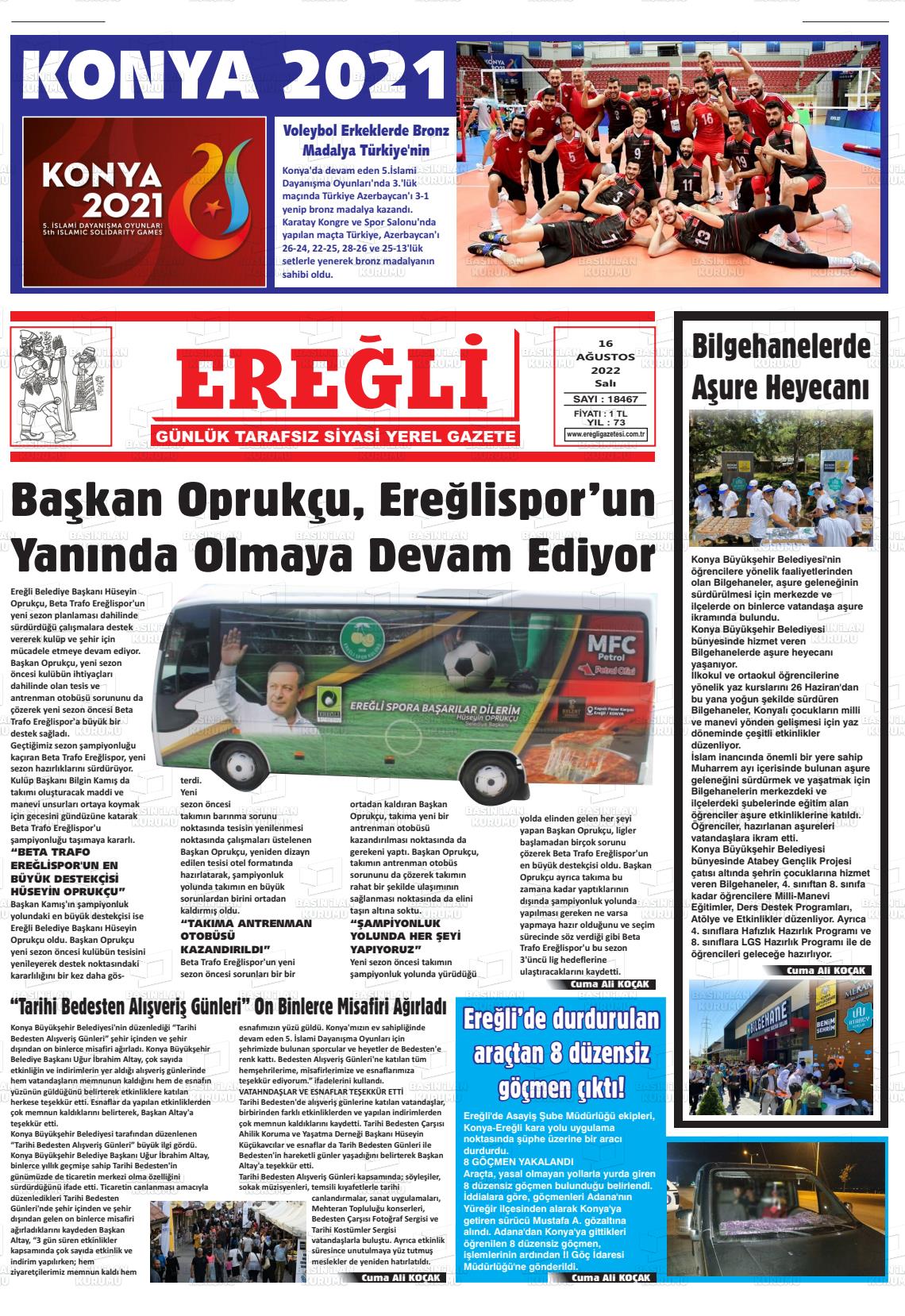 16 Ağustos 2022 Ereğli Gazete Manşeti