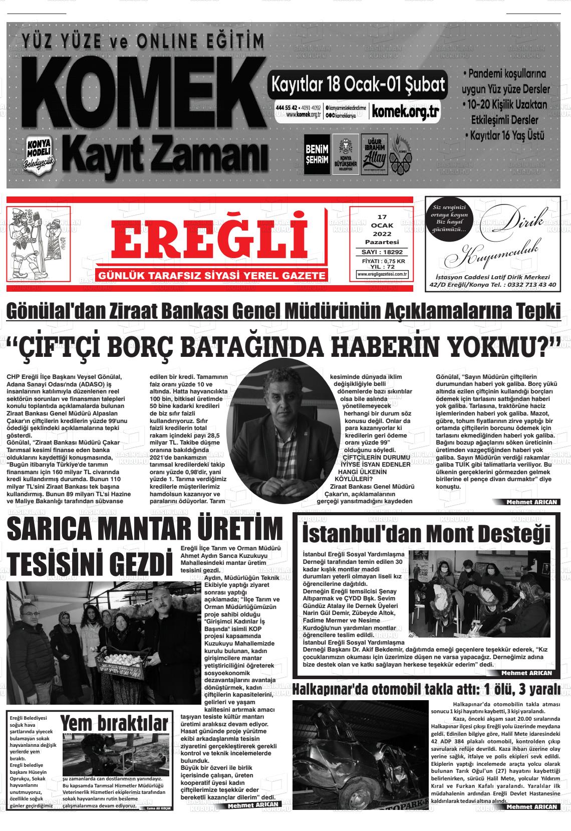 17 Ocak 2022 Ereğli Gazete Manşeti