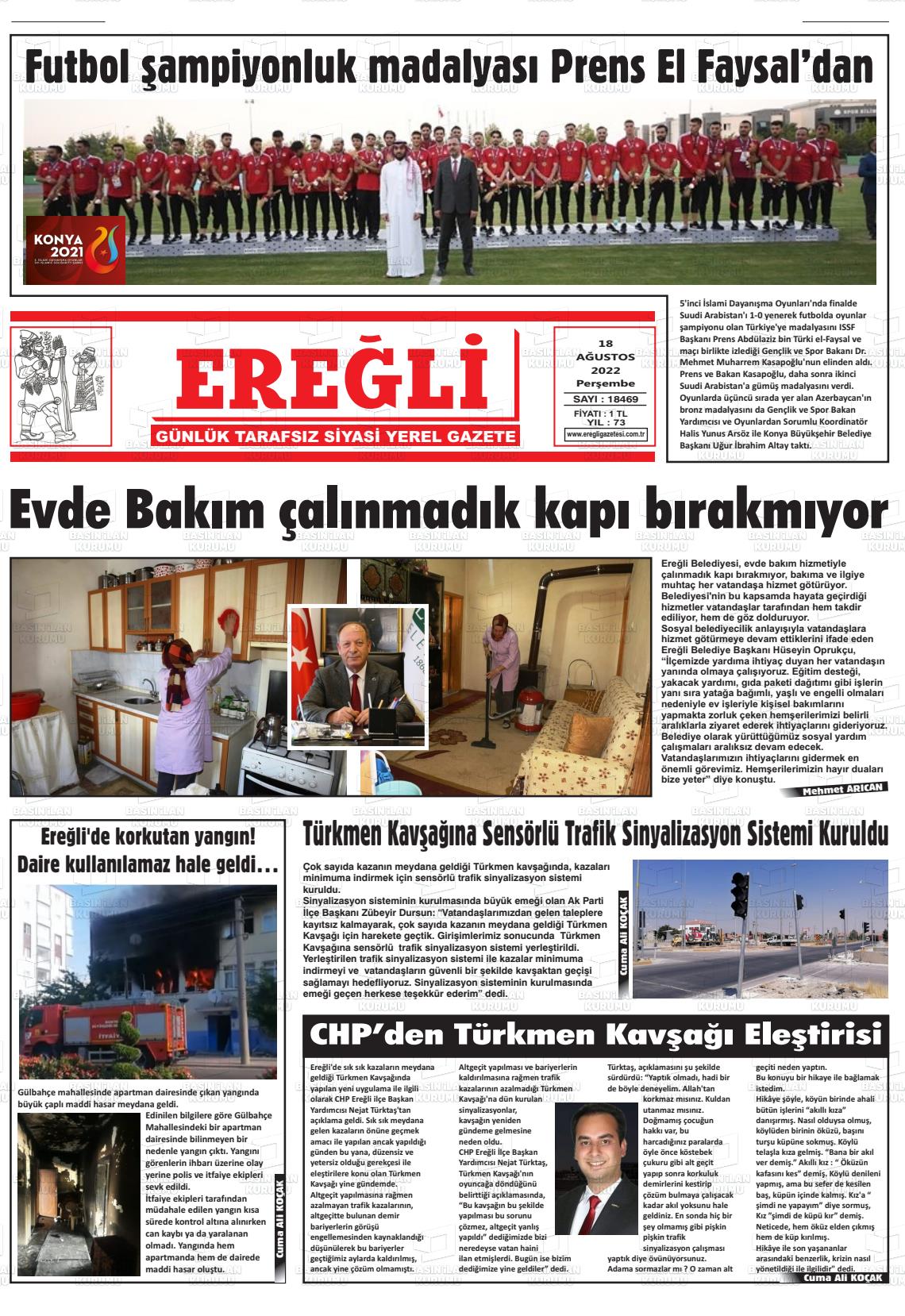 18 Ağustos 2022 Ereğli Gazete Manşeti