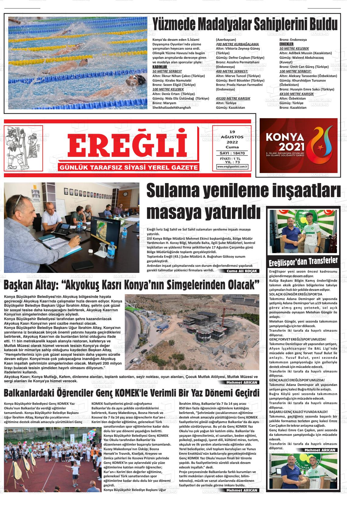 19 Ağustos 2022 Ereğli Gazete Manşeti
