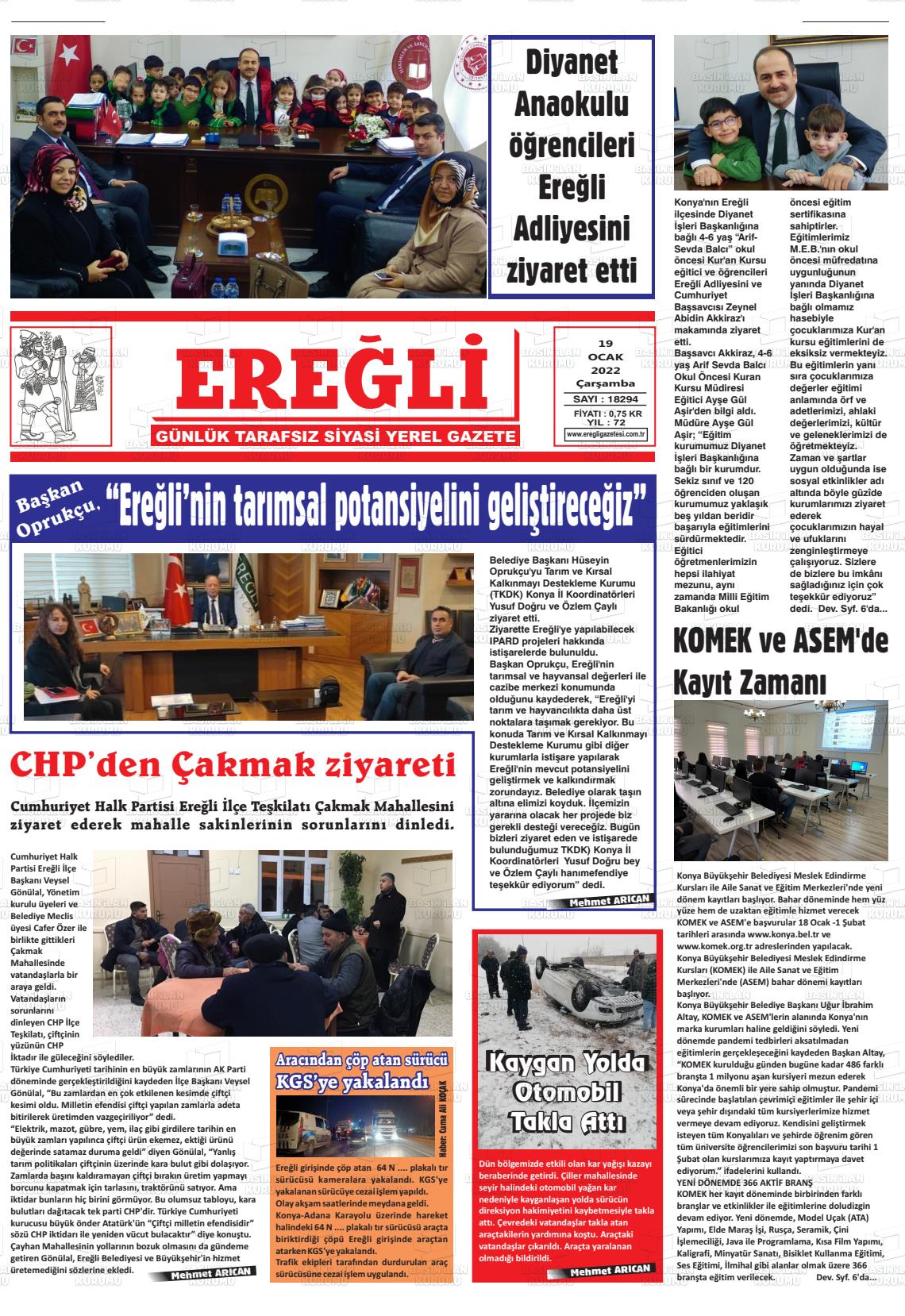 19 Ocak 2022 Ereğli Gazete Manşeti