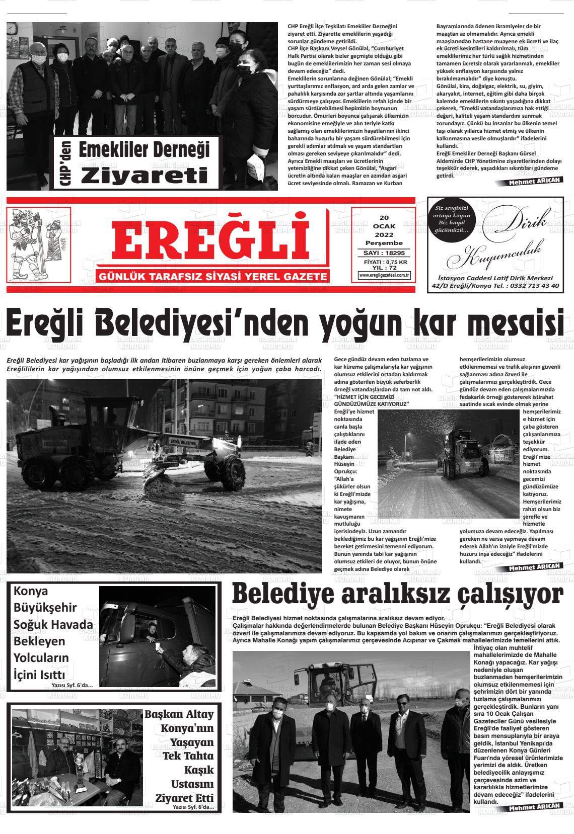 20 Ocak 2022 Ereğli Gazete Manşeti