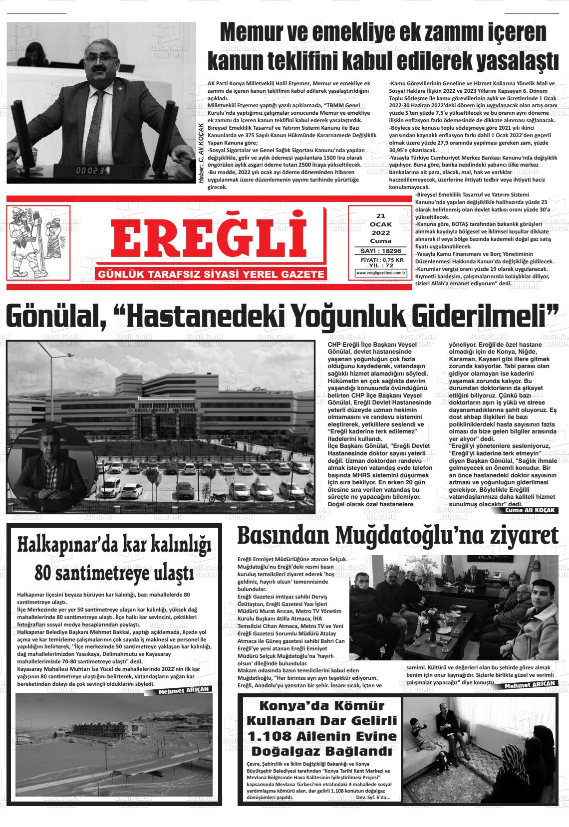 21 Ocak 2022 Ereğli Gazete Manşeti
