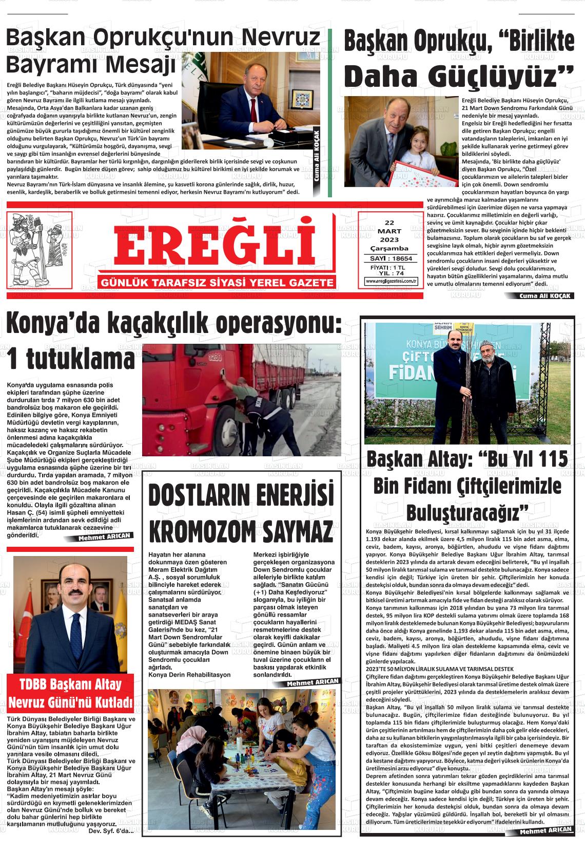 22 Mart 2023 Ereğli Gazete Manşeti