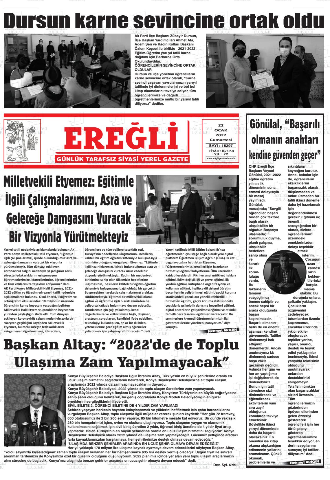 22 Ocak 2022 Ereğli Gazete Manşeti