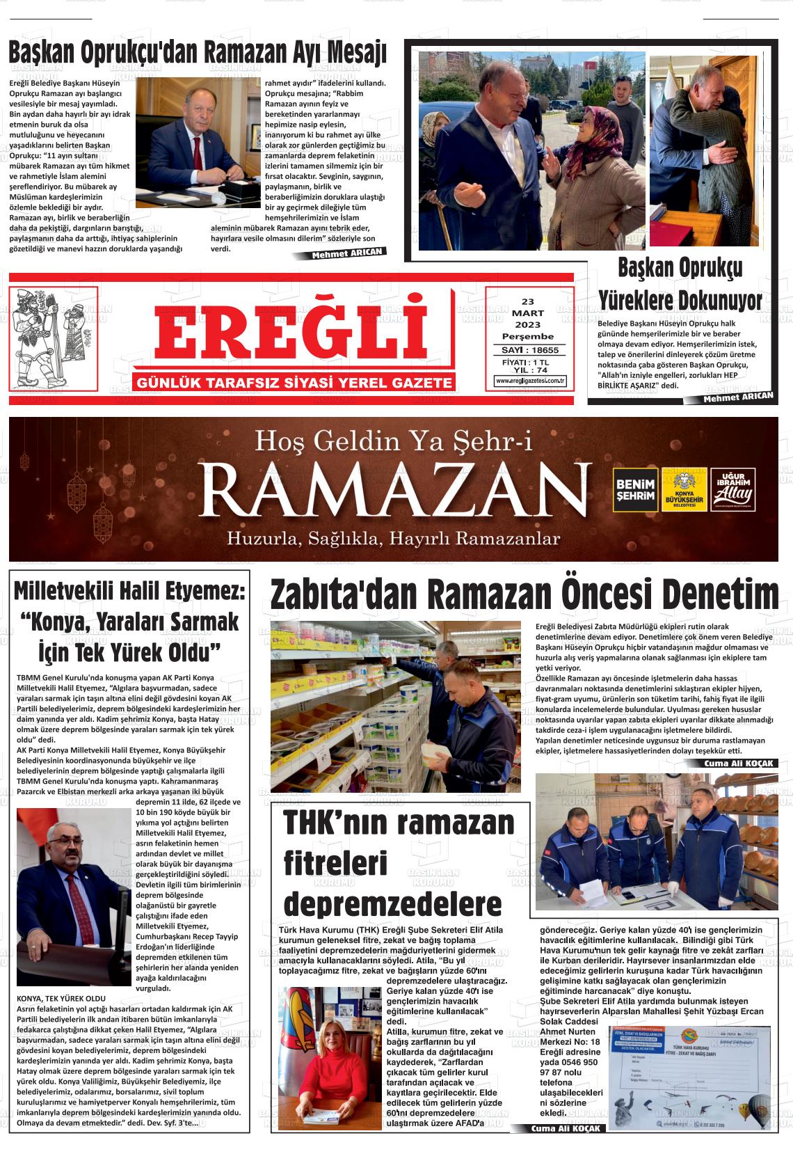 23 Mart 2023 Ereğli Gazete Manşeti
