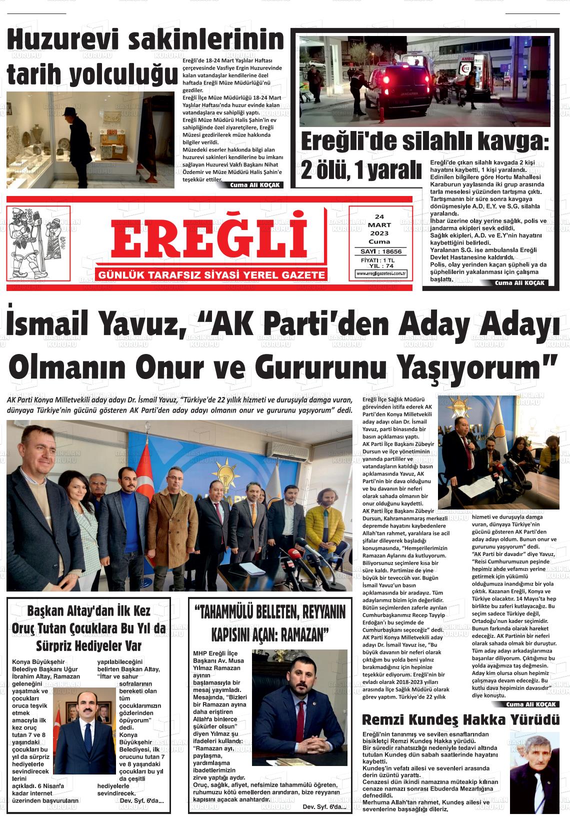 24 Mart 2023 Ereğli Gazete Manşeti