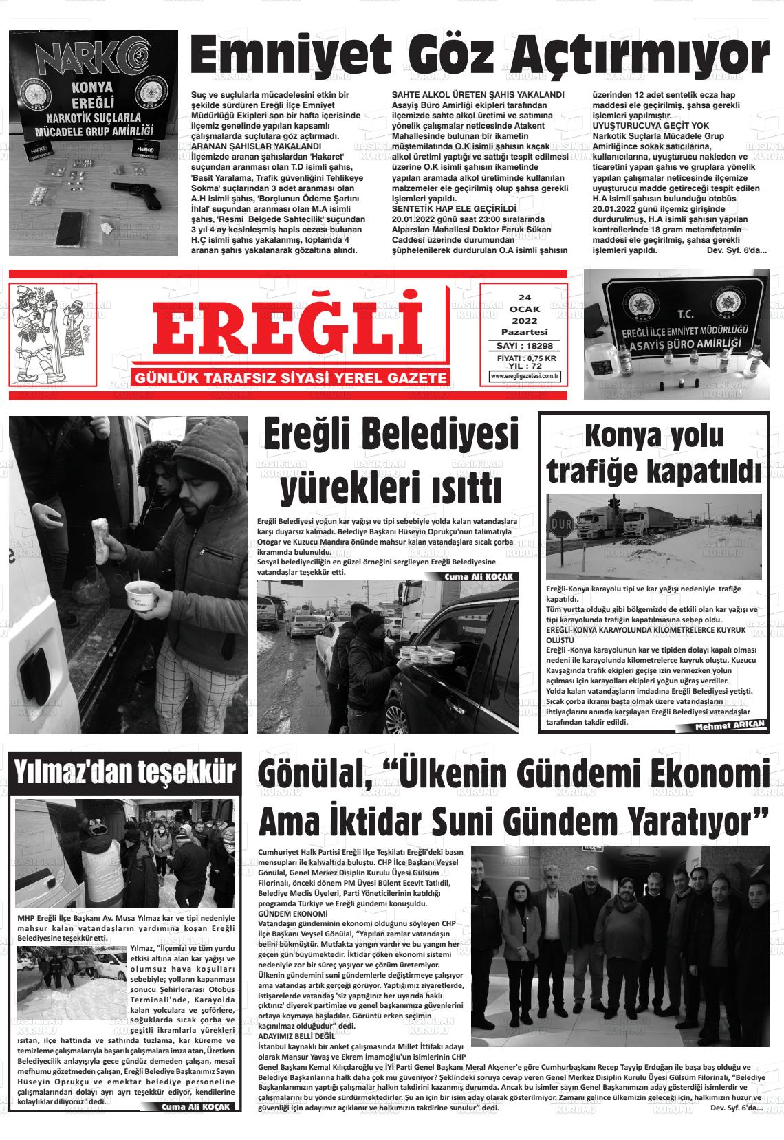 24 Ocak 2022 Ereğli Gazete Manşeti