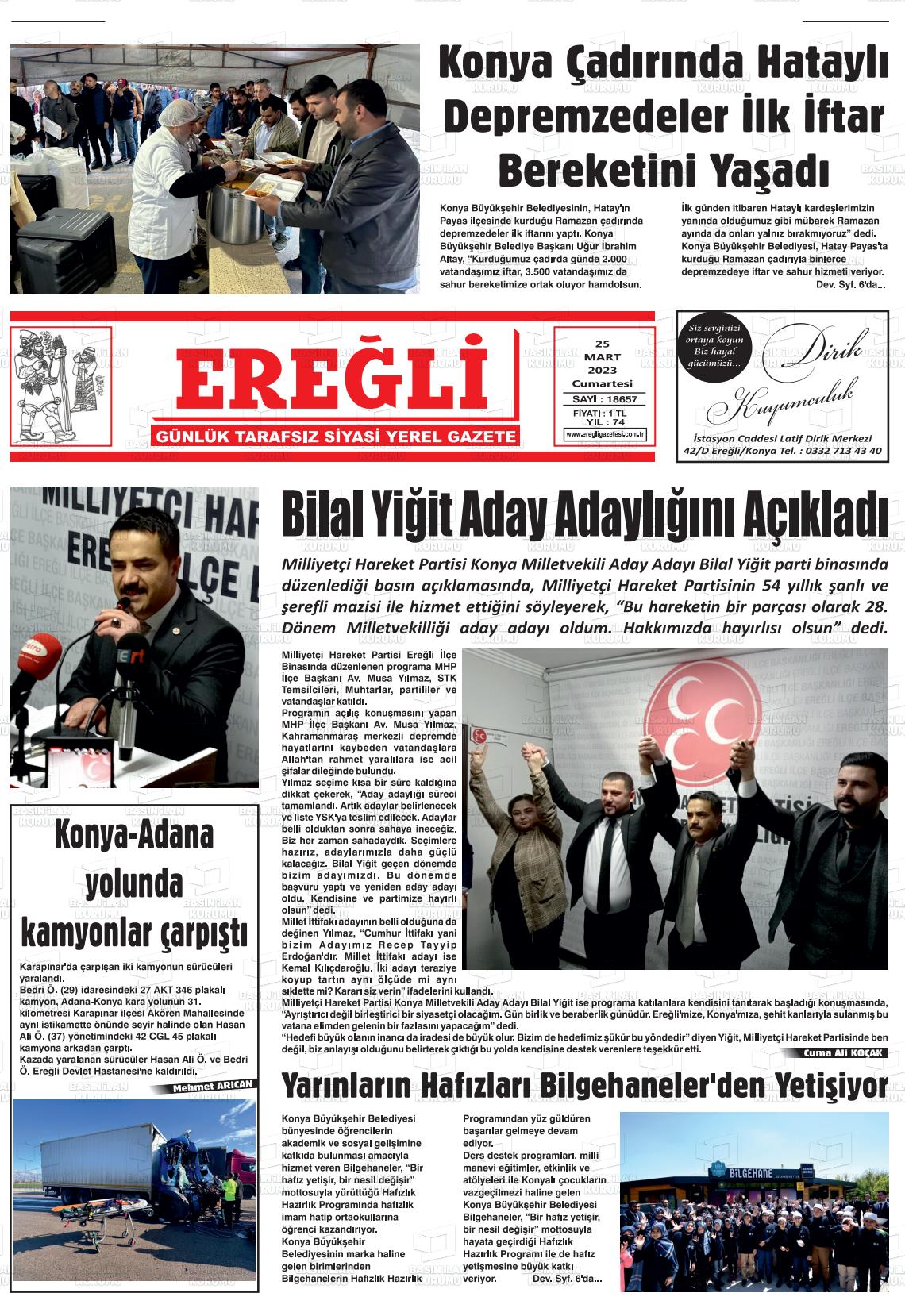 25 Mart 2023 Ereğli Gazete Manşeti