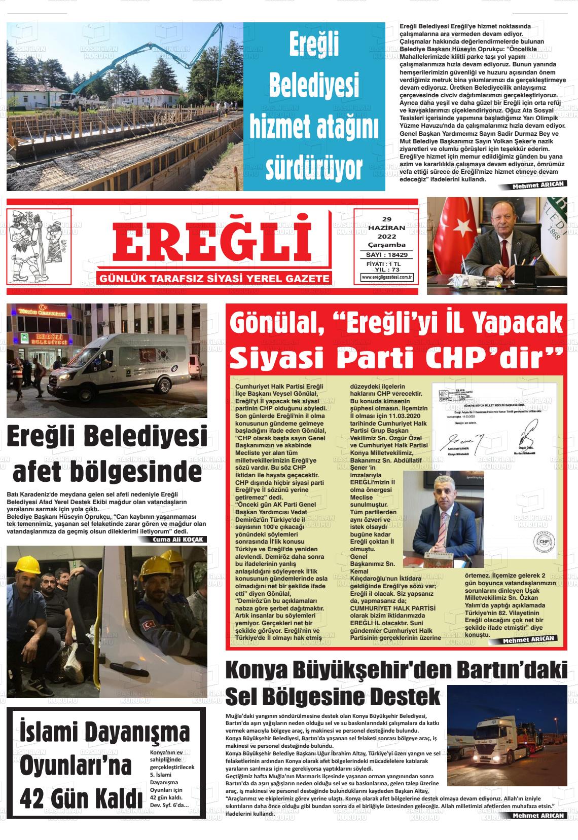 29 Haziran 2022 Ereğli Gazete Manşeti