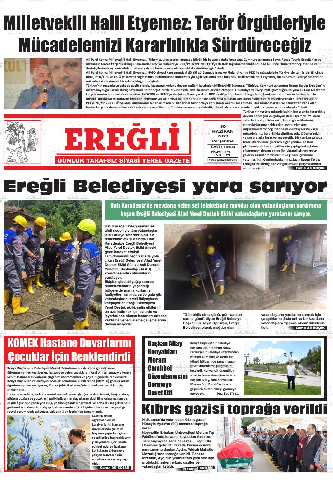 02 Temmuz 2022 Ereğli Gazete Manşeti