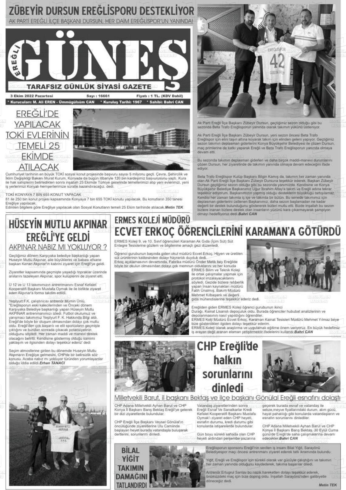 03 Ekim 2022 Ereğli Güneş Gazete Manşeti