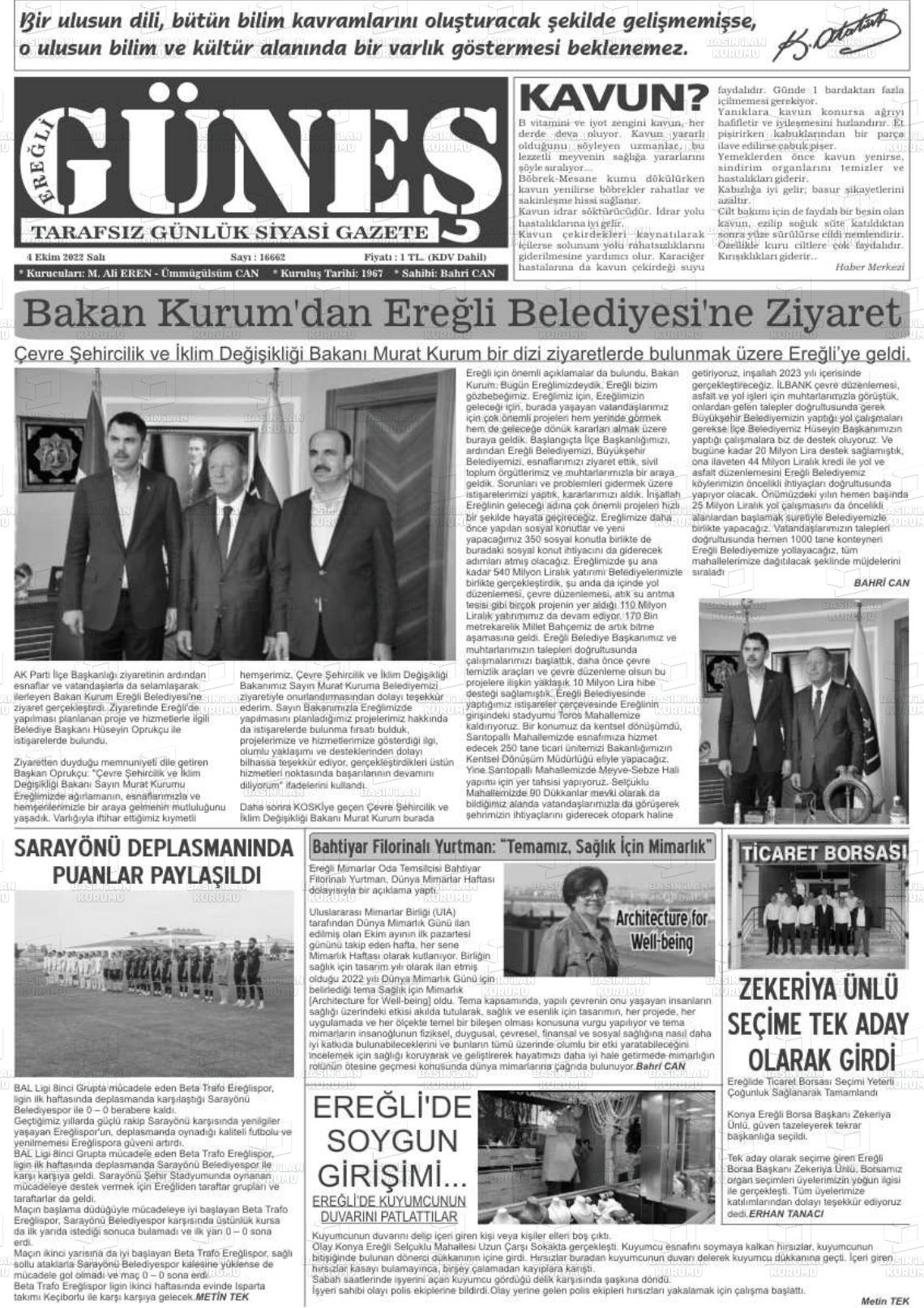 04 Ekim 2022 Ereğli Güneş Gazete Manşeti