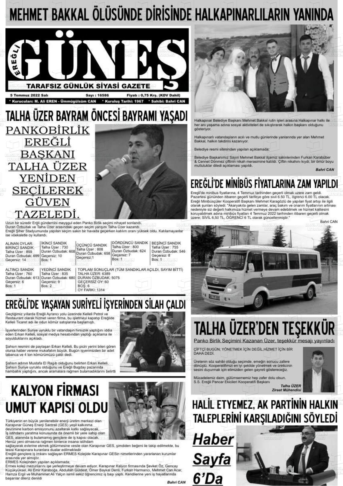 05 Temmuz 2022 Ereğli Güneş Gazete Manşeti