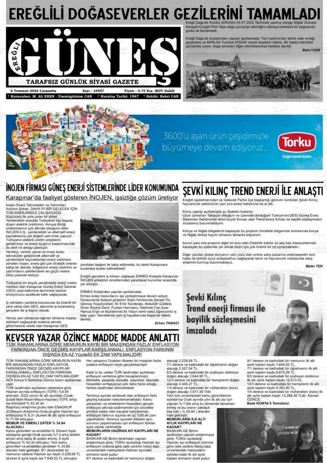 06 Temmuz 2022 Ereğli Güneş Gazete Manşeti