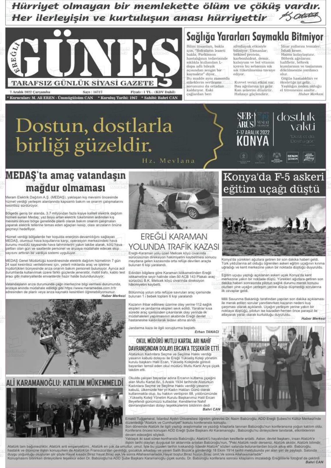 07 Aralık 2022 Ereğli Güneş Gazete Manşeti