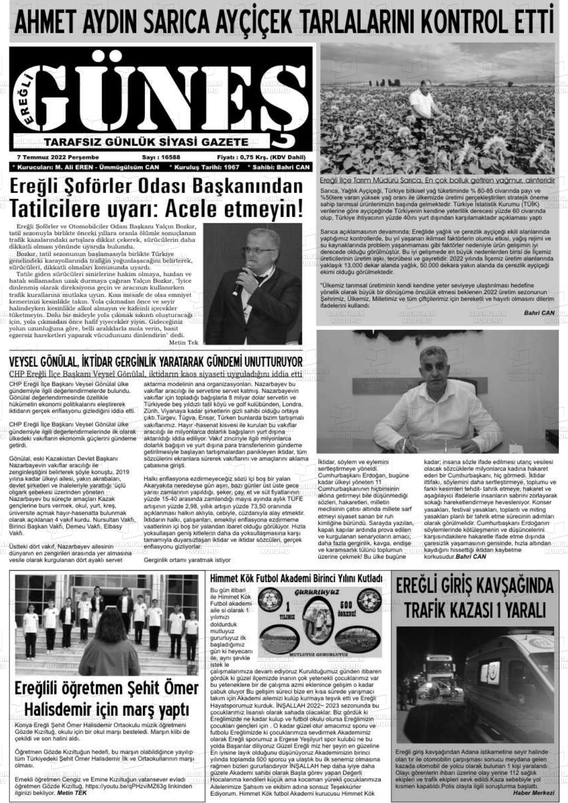 07 Temmuz 2022 Ereğli Güneş Gazete Manşeti