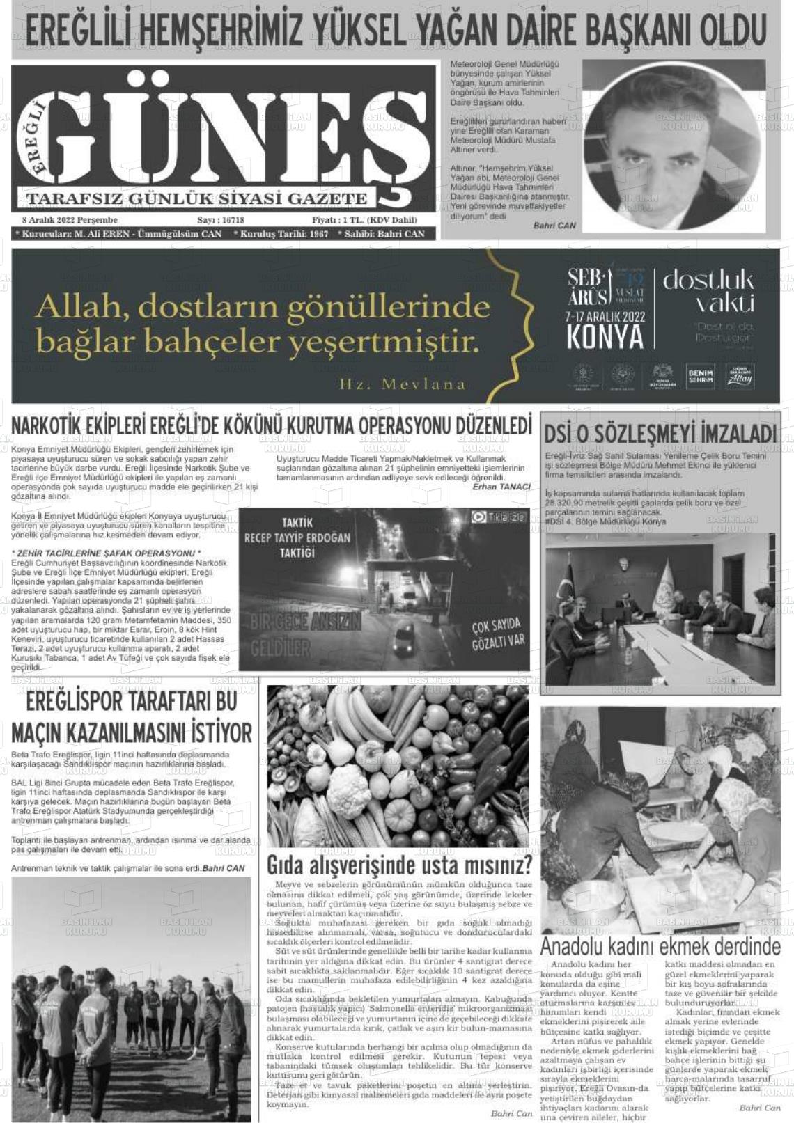 08 Aralık 2022 Ereğli Güneş Gazete Manşeti