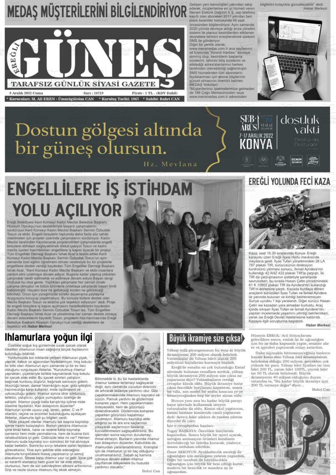 09 Aralık 2022 Ereğli Güneş Gazete Manşeti