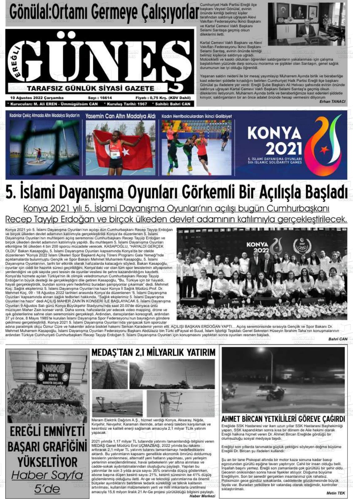 10 Ağustos 2022 Ereğli Güneş Gazete Manşeti