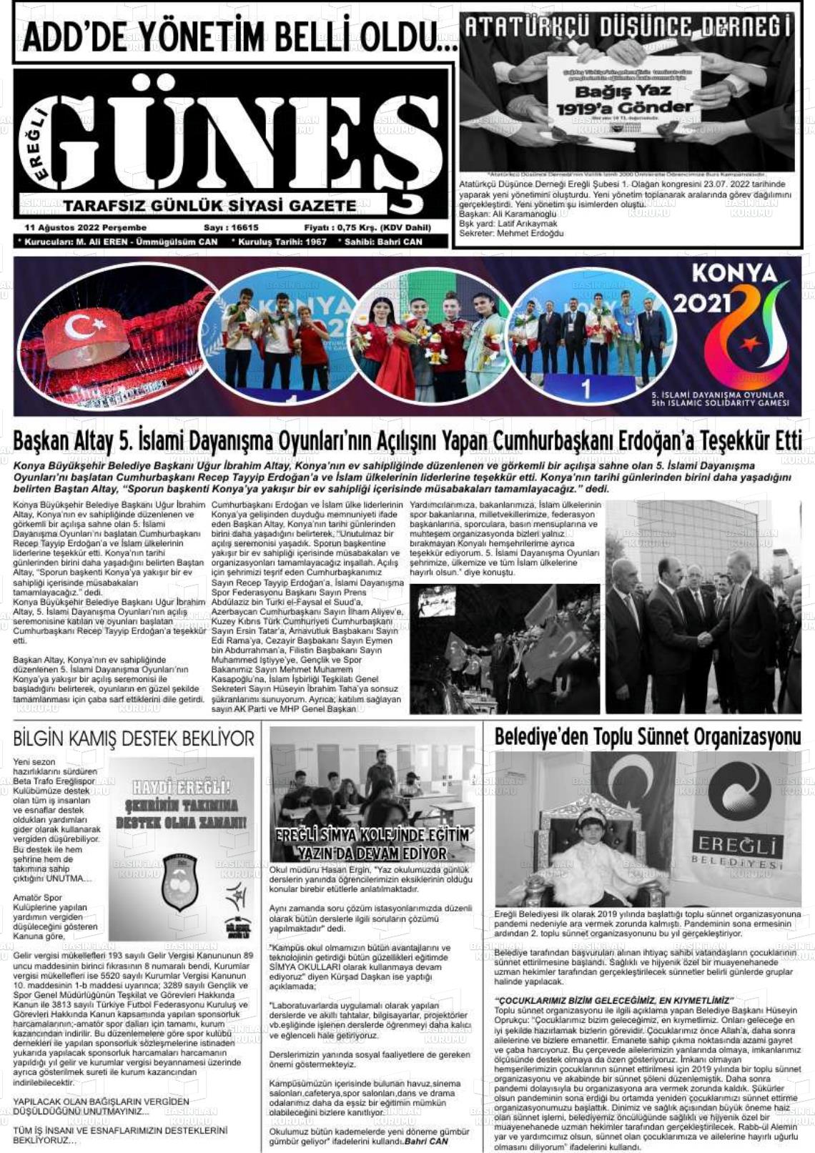 11 Ağustos 2022 Ereğli Güneş Gazete Manşeti