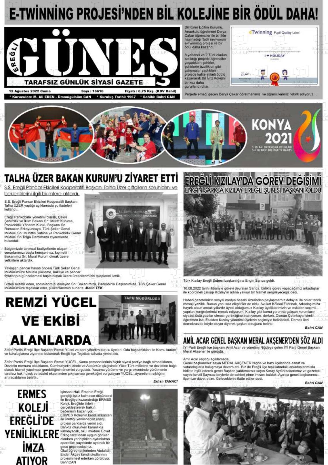 12 Ağustos 2022 Ereğli Güneş Gazete Manşeti