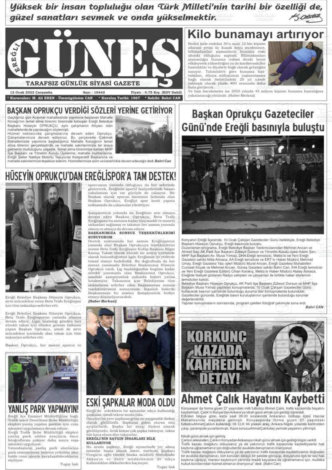 12 Ocak 2022 Ereğli Güneş Gazete Manşeti