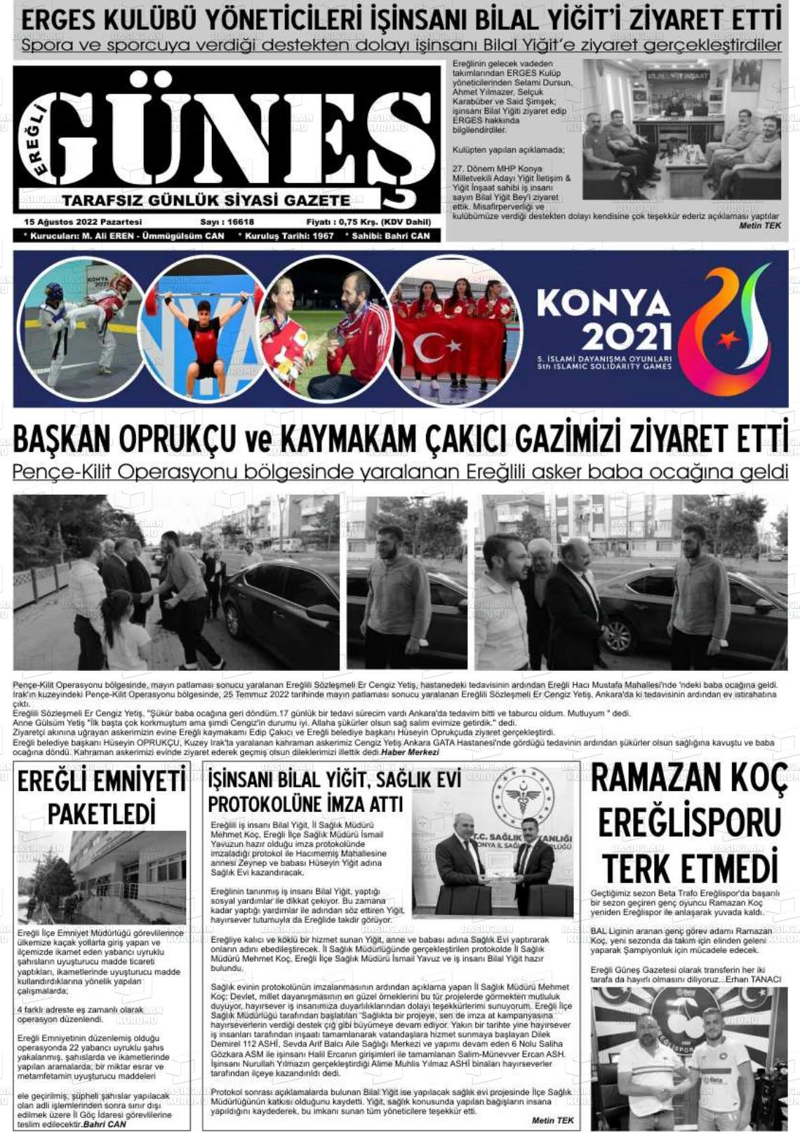 Ereğli Güneş Gazete Manşeti