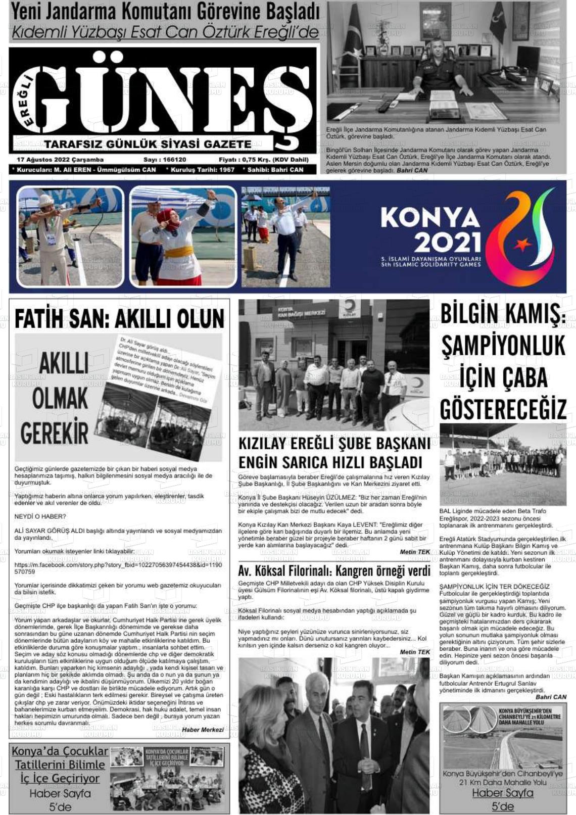 17 Ağustos 2022 Ereğli Güneş Gazete Manşeti