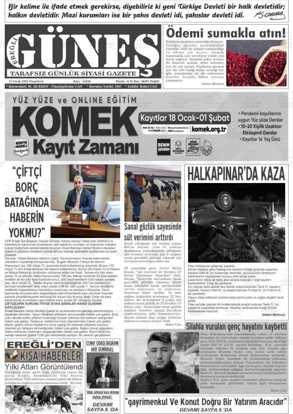 17 Ocak 2022 Ereğli Güneş Gazete Manşeti
