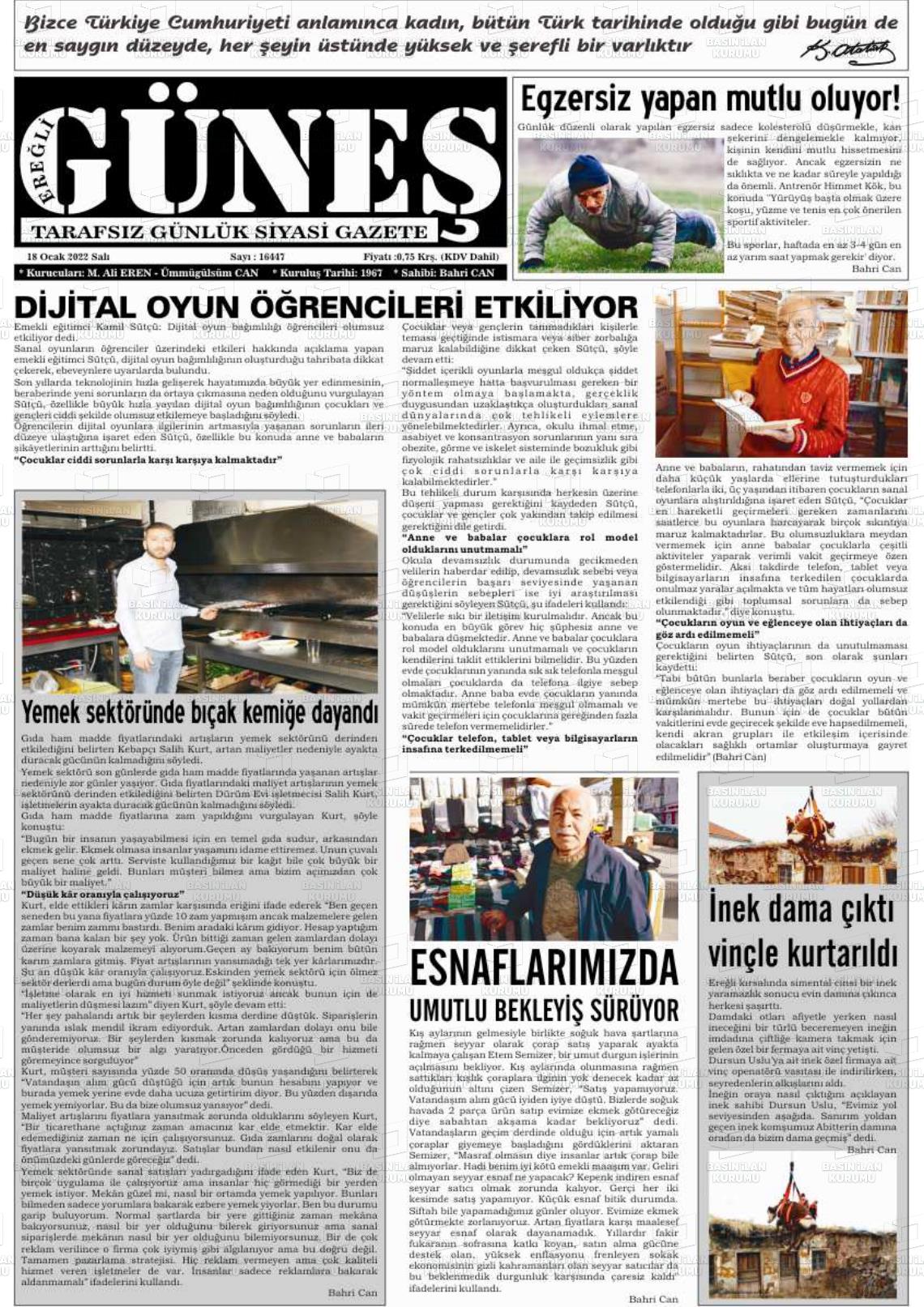18 Ocak 2022 Ereğli Güneş Gazete Manşeti